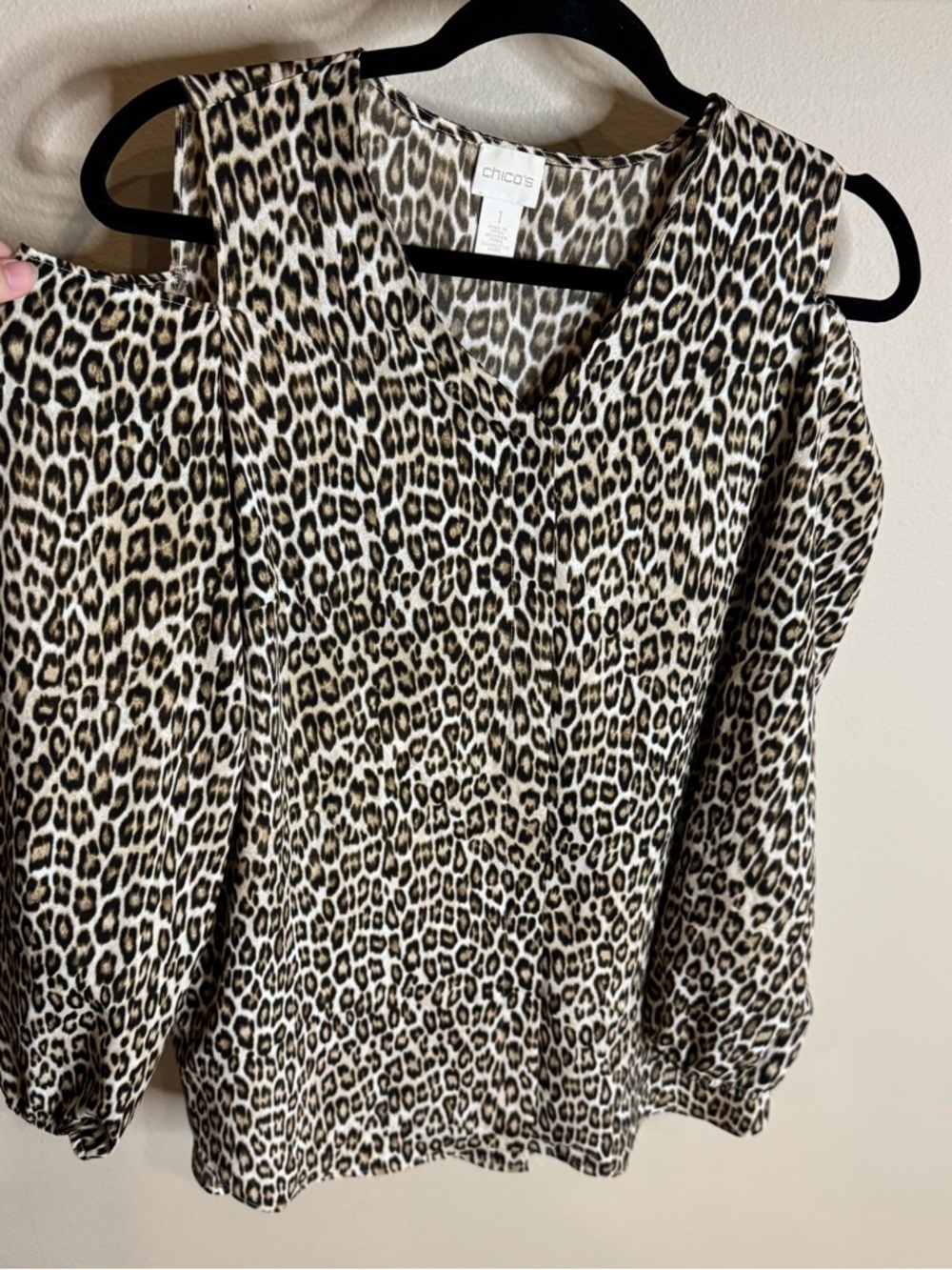 Chico's Leopard Cold-Shoulder V-Neck Top in Tan and Black